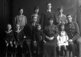 Allison family group c.1920. Rear from left, Margaret Allison (age 15), Maurie Allison (21), William 'Bill' Lumsden Allison (20), Isabella 'Ella' Allison (18). Front row; twins Murdo and Alastair Allison (8), father William Allison (38), Donald 'Donnie' Allison (5), mother Annie Lumsden (36), Helen Allison (9) and John Allison (16).   Bill Allison emigrated to America where he married Dorothy Paterson in 1930, the daughter of Peter Paterson of Inverness. A master baker and one time president of the Caledonian Football Club, Peter was a brother of famous photographer Andrew Paterson.