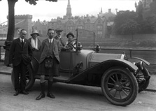 Scottish Home Rule Group outside the Palace Hotel, standing beside vintage car with Ness Bridge in the background. Badge on front of the vehicle, RMC, possibly stands for Renault Motor Company. *