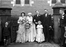 Robertson bridal group outside Ness Bank Church. The stone plinths still remain after recent renovations to comply with the requirements of the Disability Discrimination Act for access to the Church.