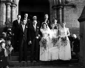 Davidson, The Sheiling, Ardrishaig, Lochgilphead, (6 Glenburn Road). Bridal. January 1953. Outside Crown Church with Crown School pupils looking on.