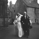 Miller, 'Broomfield,' February 1954. Bride Pat Fraser and father entering the Old High Church on Church Street, Inverness.