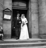 Wedding of Douglas and Dorothy Mackintosh, Dochfour Drive, Inverness. Outside West Church, Huntly Street.