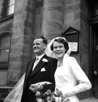 Wedding of Douglas and Dorothy Mackintosh, Dochfour Drive, Inverness. Outside West Church, Huntly Street.