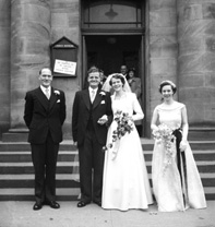 Wedding of Douglas and Dorothy Mackintosh, Dochfour Drive, Inverness. Outside West Church, Huntly Street.