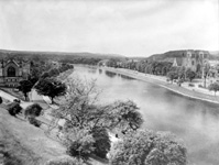 Mrs Thornton, Culduthel Road, Inverness. River Ness from the castle grounds, showing Castle Road and Ness Bank junction on the left near Ness Bank Church, and the Cathedral and Ness Walk on the right. *