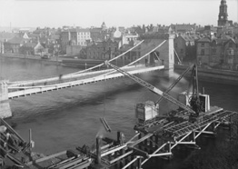 Temporary bridge building Jul-Aug 1939, showing Ness Bridge in background. (Ness Bridge was finally demolished in 1959).*