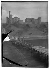 Building temporary bridge over the River Ness in 1939. (Damaged plate).*