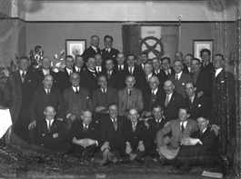 Meeting of the Old Contemptibles Association (Aug 5-Nov 22 1914). The Old Contemptibles Association was founded by Capt J.P Danny, RA on 25th June 1925. The Association had 178 branches in the UK and 14 overseas branches. All members were known as 'chums.' The banner in the background now hangs in the Inverness Town House. Damaged plate. #