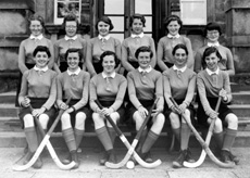 Hockey 2nd XI 1956-1957. Rear: Anne Davidson, Janice Cumming, Helen Flynn, Jean Sydie, Kathleen Russell, Rhea Skinner. Front: Gillian MacPherson, Helen Simpson, Mairi MacNeil, Elizabeth MacIntyre, Heather-Ann Munro, Morven Jenkins. (Courtesy Inverness Royal Academy Archive IRAA_003).