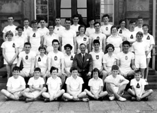 Inverness Royal Academy Athletics 1956-1957. Rear: Ronald Smith, Doreen Hamilton, Roderick MacFarquhar, William Paterson, Roderick MacKenzie, David Philip, Kenneth MacLennan, Winnona Duncan, George Ross. 2nd row: Marion Renfrew, Ian Fraser, Helen Simpson, Peter Willis, Winnifred Elliot, Donald Campbell, Robin MacDonald, Peter Strachan, Hazel MacPherson. 3rd row: Anne Dunn, Gerald Taylor, Janet Campbell, Ian Nicol, Maureen Bruce, Mr Murray, James Wylie, Kathleen Russell, Kenneth Gardener, Kenneth MacKenzie. Front: James Grant, Ronald Morrison, Shelagh Hamilton, Hillary Best, Fiona MacPherson, Alan Cunningham, Norman Thompson. (Courtesy Inverness Royal Academy Archive IRAA_005).