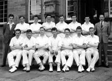 Inverness Royal Academy Cricket 1st XI 1956-1957. Rear: John Garvey, Alastair Yeudall, Ewan Lawson, Roderick MacKenzie, James MacQueen, Ruaridh MacDonald, Ian MacDiarmid, Mr Thom. Front: Alan Barclay, Ian Munro, Ian Robin, Gordon King (C), Murray Thom, James Sydie, Norman MacLennan. (Courtesy Inverness Royal Academy Archive IRAA_006).