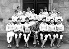 Rugby 1946-1947. Rear: G.F Mackenzie, A. Williamson, J.R Brown, R. Dow. Middle: Alan Douglas, J. Morton, Ian MacArthur, James MacKenzie, Martin Forrai, Brian MacDonald. Front: Donald C. Oliver, Alasdair D. Fraser, Murdo M. Christie, Mr C.J Buchanan, Gordon M. Goulder, John M. Martin, William M. MacDonald. (Courtesy Inverness Royal Academy Archive IRAA_021).