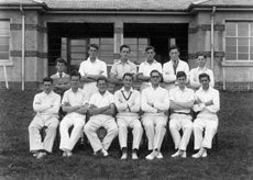 Inverness Royal Academy Cricket 1st XI 1943. Rear: Laurence Rogers, Don McLennan, W.K Smith, Ed Murdoch, Callum MacAulay, Ian (John) Braid. Front: J. Tulloch, William White, Hamish Gray, Fred Kelly, Ian Noble, Bob McInlay, Don Rose. (James Cattell (C) not present). (Courtesy Inverness Royal Academy Archive IRAA_033).