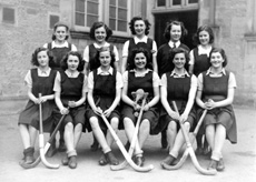 Hockey 1st XI 1940-1941. Rear: Etta Robertson, Margaret Munro, Gladys Dunn, Rita Dennis, Isabel MacPherson. Front: Jean 'Biddy' Walker, Rosemary Holloway, Dorothy MacNab, Aileen MacDonald, Margaret Hill, Margaret Jones. (Courtesy Inverness Royal Academy Archive IRAA_035).