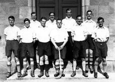 Boy's Hockey 1938-1939. Rear: D. Matheson, A.J.M Thomson, H. MacBean, A. Owen.  Front: H. Butterworth, A. Grant, D. Grant, Louis Urquhart, D. MacDonald, H. Innes. (Courtesy Inverness Royal Academy Archive IRAA_036).