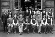 Inverness Royal Academy Prefects 1947-1948. Rear: Hamish Cross, Aileen M. Barr, H.W Russell Smith, Allan E. Cameron, John R. Brown, Betty Lander, A.D MacKintosh, Kathe MacLean, Lorna C. Menzies. Front: Gordon MacKenzie, Fiona Rogers, A.D Fraser, Rector D.J MacDonald, Alison A. MacNair, Hugh Williamson, Margaret Corbett, Gladys MacLennan. (Courtesy Inverness Royal Academy Archive IRAA_044). 