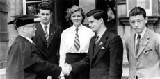 Inverness Royal Academy Medallists 1951-1952. Rector D.J MacDonald, Honour Medallist Donald W. Fraser, Honour Medallist Sylvia MacLeod, Dux Gordon Beveridge, Prox. Accessit Sandy Davidson. (Courtesy Inverness Royal Academy Archive IRAA_078).