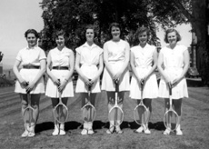 Inverness Royal Academy Tennis 1954-1955.  Joy Fraser, Avril Cameron, Beatrice MacPherson, Jacqueline Cameron, Maureen Munro, Marjory  Marshall. (Courtesy Inverness Royal Academy Archive IRAA_092).