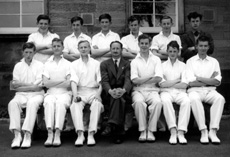 Inverness Royal Academy Cricket 1st XI 1955-1956. Rear: Rod MacKenzie, Allan Barclay, Ian Munro, Alistair Yeudall, Norman MacLennan, Ruaridh  MacDonald. Front: Gordon King, Ian Robin, Hamish Smith, Mr Thom, Alex MacNiven, Murray Thom, James  Sydie. (Courtesy Inverness Royal Academy Archive IRAA_102).