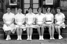 Inverness Royal Academy Tennis 1955-1956. Dagmar Liebmann, Betty Grant, Jean Stoker, Sheila Manson, Dorothy Lamont, Anne Richards. (Courtesy Inverness Royal Academy Archive IRAA_104).