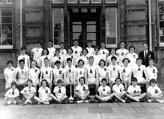 Inverness Royal Academy Athletics 1955-1956. Rear: William Paterson, Peter Willis, Roderick MacFarquhar, Roderick MacKenzie, Ian Fraser, Peter  Strachan, Donald Campbell. 2nd row: David Philip, Hazel MacPherson, Janet Campbell, Kathleen Russell, Lorna Campbell, Marion Renfrew, Robin MacDonald, Pat Cummings, Mr Murray. 3rd row: Catherine MacInnes, Kenneth Gardener, Winnifred Elliot, Ian Robin, Maureen Bruce, Ian Nicol, Dorothy Lamont, John Robertson, Sheena Campbell, James Wylie, Ishbel Cameron, Gerald Taylor, Helen Simpson. Front: Sandra Forbes, Fraser Urquhart, Verity MacIntosh, Alan Cunningham, Joan Menzies, David  MacFarquhar, Jenny Martin, James Grant, Margaret MacLennan. (Courtesy Inverness Royal  Academy Archive IRAA_106).