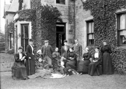 A group of visiting relatives and the wedding party outside Westwood, Inverness, on the day before the wedding of Isabella Menzies and Alexander Fraser in 1893. Fraser-Watts Collection.
