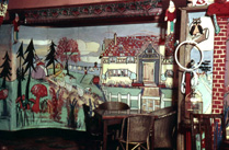 Playhouse Cinema foyer and restaurant, Christmas 1957. Every Christmas season, James Nairn, photographer and manager of the Playhouse, would decorate the foyer and cafe with hand painted cartoon and Disney themes to the delight of visiting children. The Playhouse Cinema was destroyed by fire in 1972, and sadly James Nairn lost the bulk of his photographic and memorabilia archives. (Courtesy James S Nairn Colour Collection). ~ *
