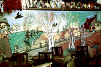 Playhouse Cinema foyer and restaurant, Christmas 1957. Every Christmas season, James Nairn, photographer and manager of the Playhouse, would decorate the foyer and cafe with hand painted cartoon and Disney themes to the delight of visiting children. The Playhouse Cinema was destroyed by fire in 1972, and sadly James Nairn lost the bulk of his photographic and memorabilia archives. (Courtesy James S Nairn Colour Collection). ~ *