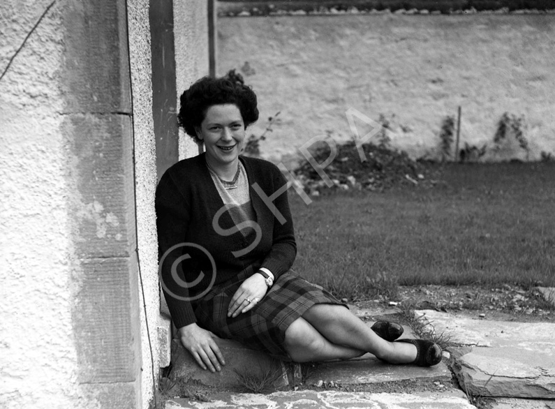 Miss Lorna MacLeod, aged 27 when this photograph was taken (1948), had been engaged for three weeks to George Fielden MacLeod, who was in the middle of his project to restore Iona Cathedral. She went on to become Lady MacLeod. The journalist Maxwell MacLeod is her son.