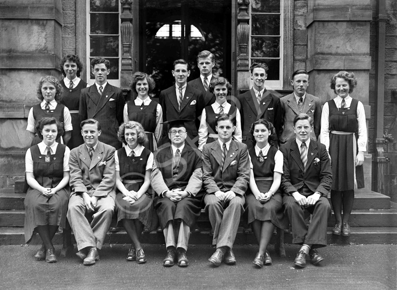 Inverness Royal Academy Prefects 1948-1949. Rear: Peggy MacLeod, Margaret MacLennan, Roderick A. Mac.....