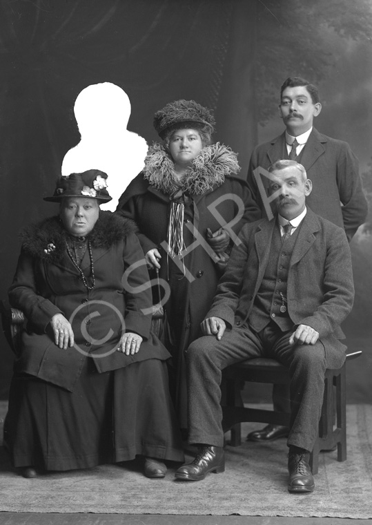 Stewart, group portrait with one masked area painted in for later super-imposition.      