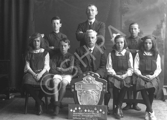 Mr MacConnachie, Farraline Park School. Winners of the Inverness County Primary School Challenge Trophy 1922.        