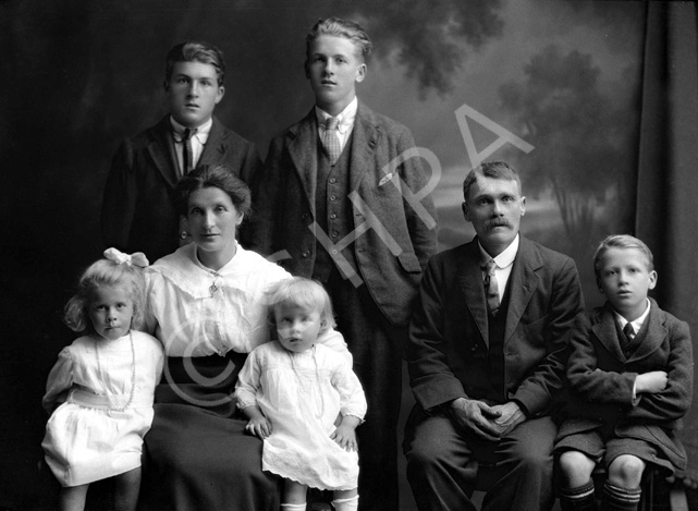 Mr George Noble and family, sailmaker, Avoch, Black Isle. See contributor comment below for identification.  Andrew Noble (b1798) in Broadsea, Fraserburgh married Janet Runcie (b21.09.1799) of Seatown, Cullen. Their son, William Noble (19.07.1821 - 03.04.1896) married Elspet Morrison (b1830) of Turiff, on 19.02.1847 in Aberdeen. They had several children; William (b1849) in Seatown, Ann (b1853) in Fordyce, Banff, Janet (b1856) in Burghead, Duffus, Elspet (b1862) in Burghead, Andrew (b1865) in Burghead, Isabella (b1871) in Burghead, and John George Morrison Noble (b1873) in Burghead, who married Margaret Jack of Avoch. Their great granddaughter is contributor Bev Goodacre of Johannesburg.   An obituary notice in the local press dated 19th October 1962 noted: 'At Geddeston, Avoch, Margaret Jack, wife of the late George Noble, sailmaker, Avoch.' 