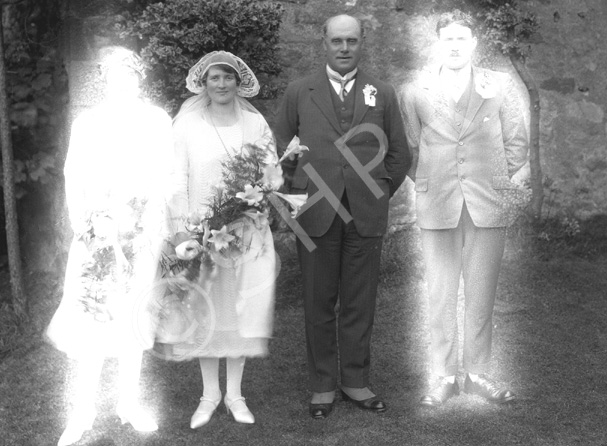 MacIver, Schoolhouse, Struy. Print request was to isolate the bride and groom, explaining the ghost-like appearance of the best man and bridesmaid. 04.10.1926.     