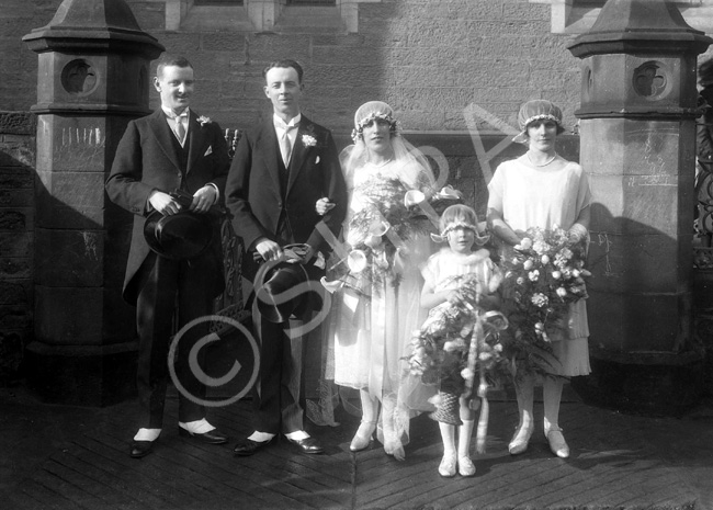 Sinclair - Sutherland bridal group outside Ness Bank Church. The stone plinths still remain after re.....