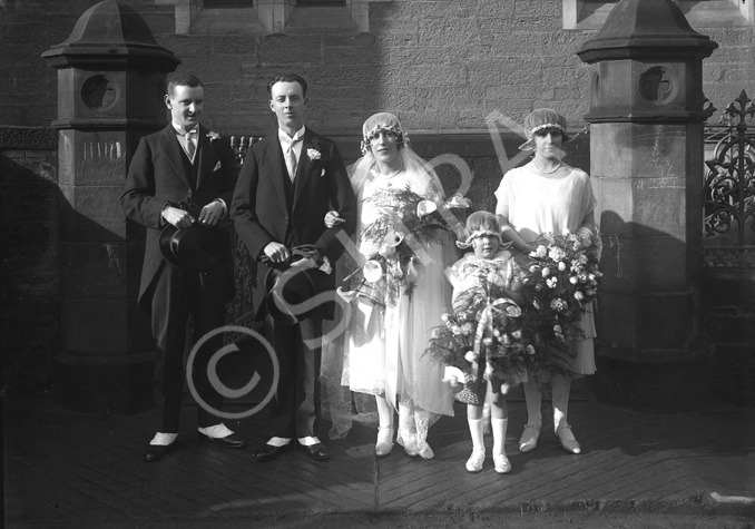 Sinclair - Sutherland bridal group outside Ness Bank Church. The stone plinths still remain after re.....