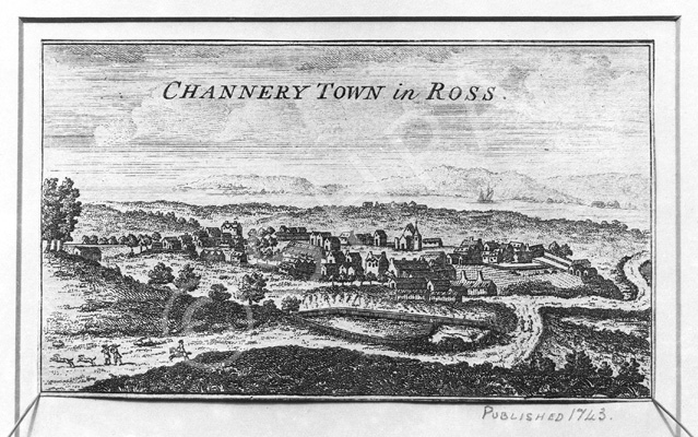 Channery Town in Ross, Kindeace Lodge, Fortrose. This illustration, published in 1743, depicts Fortrose. The ancient name for the burgh of Fortrose was 'Chanonrie of Rose' and it was united to the Burgh of Rosemarkie in 1455 by a charter from King James II, thus creating the Royal Burgh of Fortrose and Rosemarkie.*
