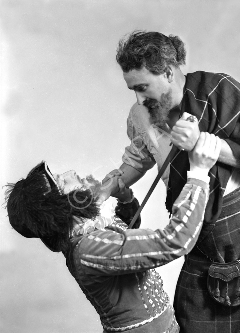 Sorrell vs MacKinnon. Stage actors in costume posing for publicity shots. See also 31334a to 31334c. Man wearing hat is believed to be Henry Christie Landon Sorrell, involved in local amateur dramatics, and manager of the Inverness Repertory Company in 1937 and of the Little Theatre in Inverness, taking over from Ronald Macdonald Douglas in August 1938. (Born 1911 in Endon).