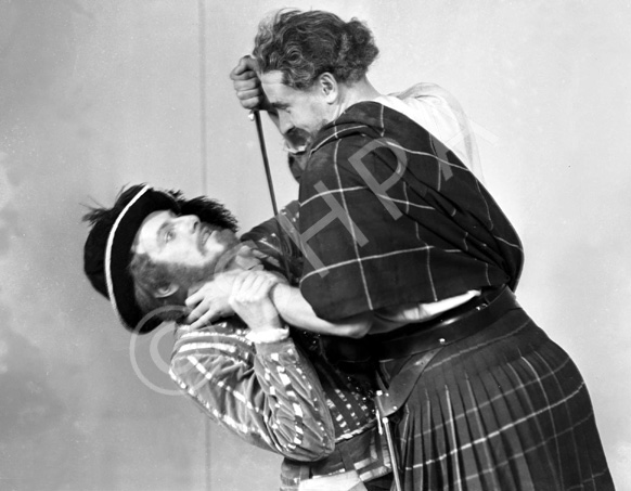 Sorrell vs MacKinnon. Stage actors in costume posing for publicity shots. See also 31334a to 31334c. Man wearing hat is believed to be Henry Christie Landon Sorrell, involved in local amateur dramatics, and manager of the Inverness Repertory Company in 1937 and of the Little Theatre in Inverness, taking over from Ronald Macdonald Douglas in August 1938. (Born 1911 in Endon).