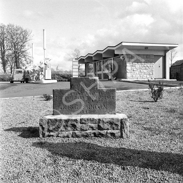 National petrol station, under the name Macbeath, C.A. Academy Street. Location is on Old Perth Road, now the Kingswell Service Station. The stone which now sits behind the petrol station kiosk. It reads: Behind this is the supposed burial place of King Duncan. 1040. *