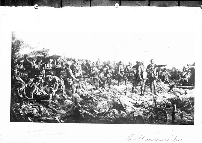 A photo of a print of the Joseph Gray painting 6th Camerons at the Battle of Loos - 26th September.....