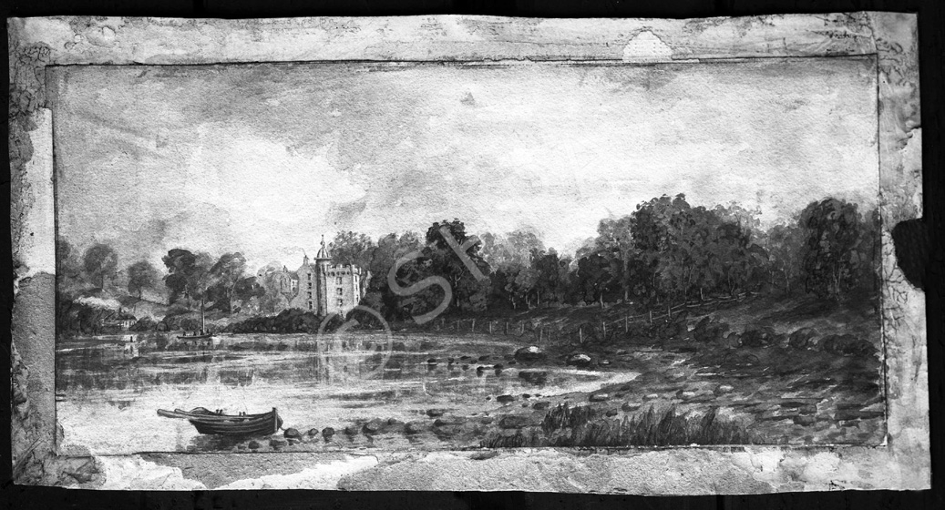 Edward Herraghty. Old, unframed painting of Castle Stuart. Unclear if painting was done by, or is owned by, Herraghty.
