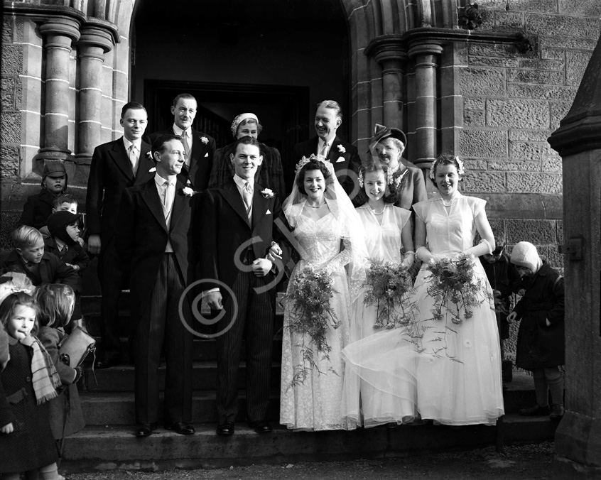Davidson, The Sheiling, Ardrishaig, Lochgilphead, (6 Glenburn Road). Bridal. January 1953. Outside Crown Church with Crown School pupils looking on.