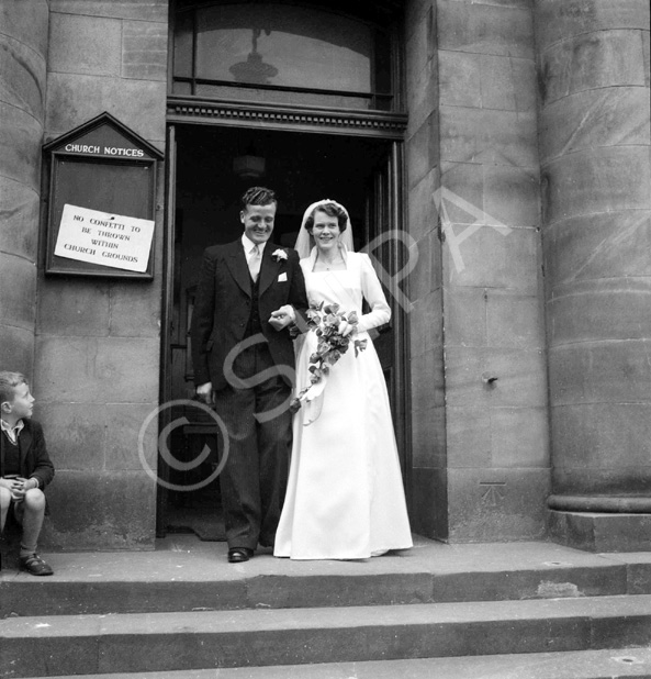 Wedding of Douglas and Dorothy Mackintosh, Dochfour Drive, Inverness. Outside West Church, Huntly Street.