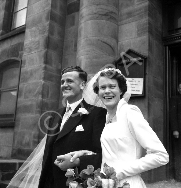 Wedding of Douglas and Dorothy Mackintosh, Dochfour Drive, Inverness. Outside West Church, Huntly Street.