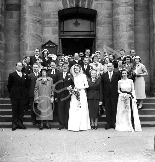 Wedding of Douglas and Dorothy Mackintosh, Dochfour Drive, Inverness. Outside West Church, Huntly Street.