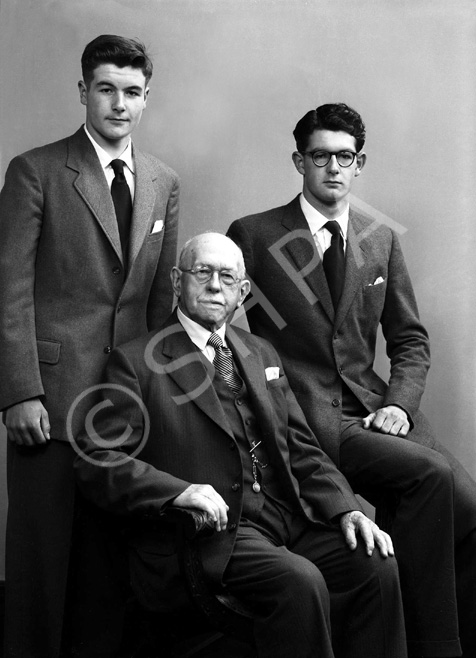 Mr Murray, 9 Broadstone Park, Inverness, with grandsons John (left) and James (right) who was the older of the two. Their father John Murray was a school inspector c.1959. See also 45662.