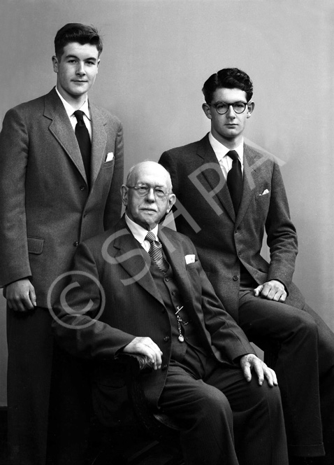 Mr Murray, 9 Broadstone Park, Inverness, with grandsons John (left) and James (right) who was the older of the two. Their father John Murray was a school inspector c.1959. See also 45662.