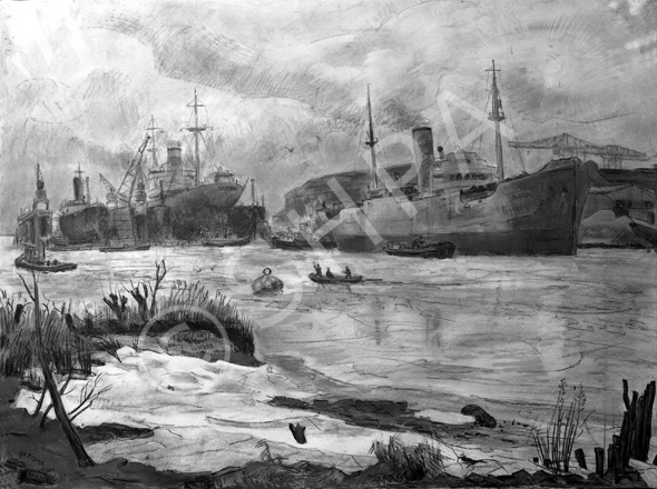 'Rotterdam Harbour' by Jan Visser in 1946 (730mm x 970mm). Born in Rotterdam on 29th August 1897, Visser was a painter, water colourist and designer of stained glass, with subjects including harbours, portraits, interiors, animals and (very important to him), religion. Visser was taught, and was a teacher at, the Academy of Art in Rotterdam. He was also a member of the Pulchri Studio, a famous artist society in The Hague. There is a Visser work in the Museum Boijmans van Beuningen in Rotterdam, and samples can be seen online at:   www.marcelgieling.nl  [search: jan visser] and www.venduehuis.com/online_catalogus/veiling/14/rubriek/60/pagina/17#lightbox[23657]/0/  Visser died in Rotterdam on 16th September 1968. This brief biographical data was provided by Hans Wijgergangs of the RKD (Netherlands Institute for Art History), the world's leading information centre and central source for the study of Dutch art. The original painting of Rotterdam Harbour is held in a private collection in Inverness. * 