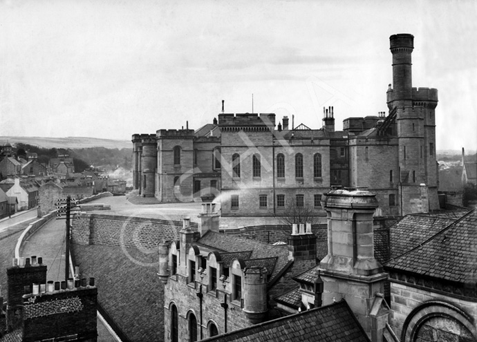 Inverness Castle in April 1934, showing the result of the renovations to the outer walls, which lowered them considerably, and the removal of the gatehouse entrance (see image: H-0254). Taken across the rooftops of the now long gone buildings that once occupied the site of the present Tourist Bureau and Museum, from the roof of the town house. (HGNP) Courtesy John and Aithne Barron. * 
